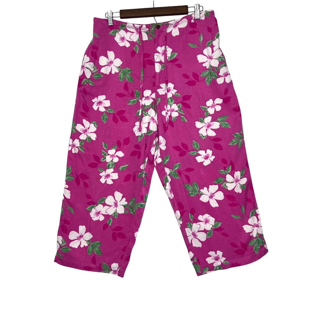 Caribbean Joe Womens Pink Floral Tropical Hawaiian Wide Leg Crop Pants Sz‎ Large